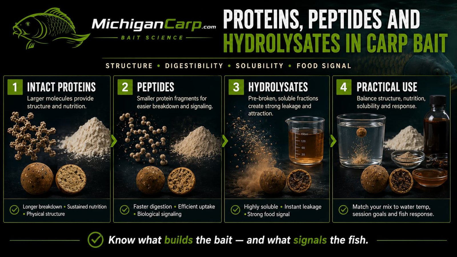 Proteins, peptides and hydrolysates in carp bait showing intact proteins, peptide fragments, soluble hydrolysates, food signal, boilies and practical bait use.