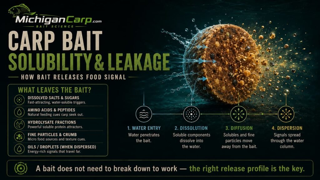 Carp bait solubility and leakage showing water entering boilies, soluble food signals releasing, crumb, chops, hydrolysates, oils and bait structure.