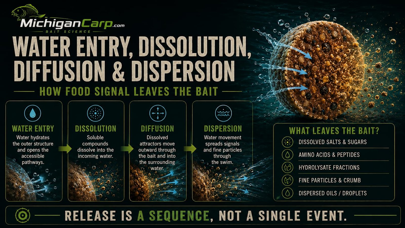 Water entry and release diagram for carp bait showing hydration, dissolution, diffusion, dispersion, crumb release and local food-signal zone.