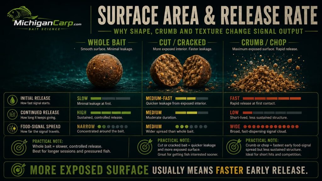 Surface area release guide for carp bait comparing whole boilies, halves, chops, crumb, dust and paste with different water contact and release speeds.