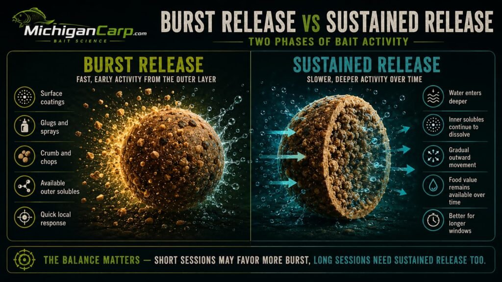  Burst release versus sustained release in carp bait showing surface coatings, crumb, hydrolysates, whole boilies, water entry and long-term food value.