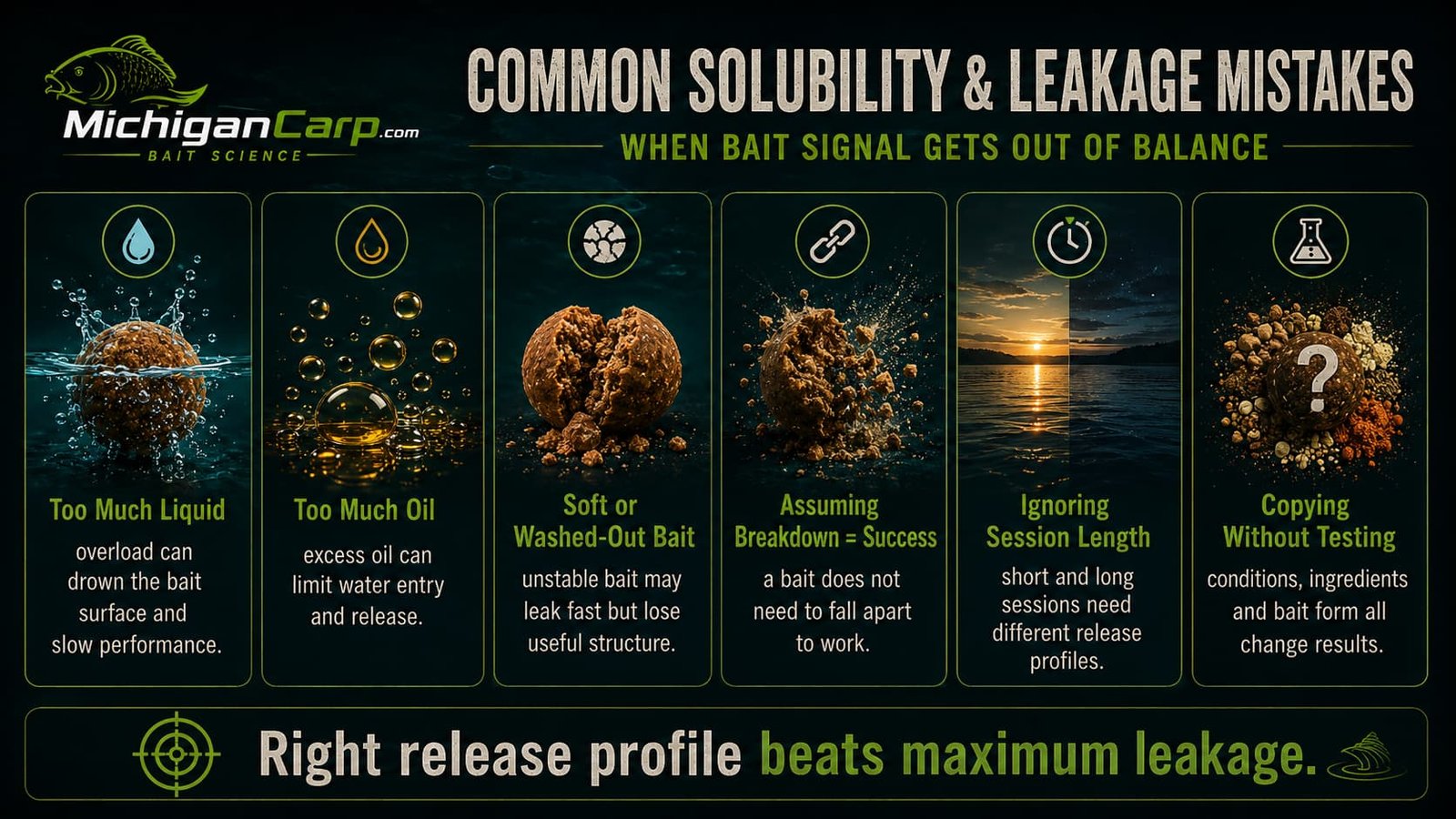  Common carp bait solubility and leakage mistakes including assuming bait must break down, using too much oil, judging by bucket smell and ignoring water testing.
