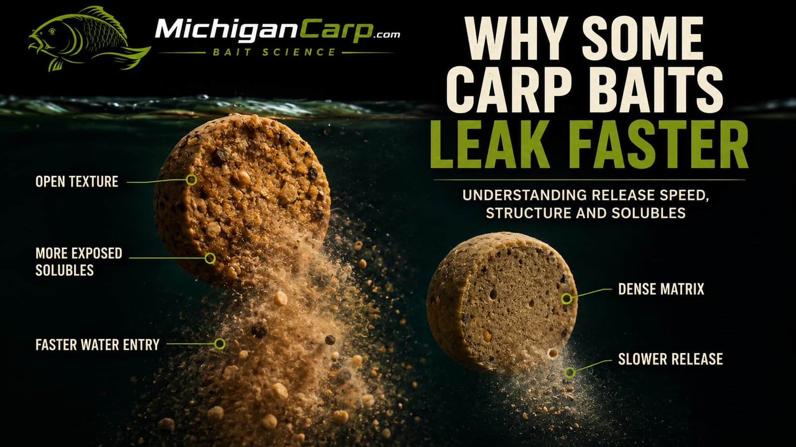 Why some carp baits leak faster than others showing two boilies with different water access, bait structure and food-signal release profiles.