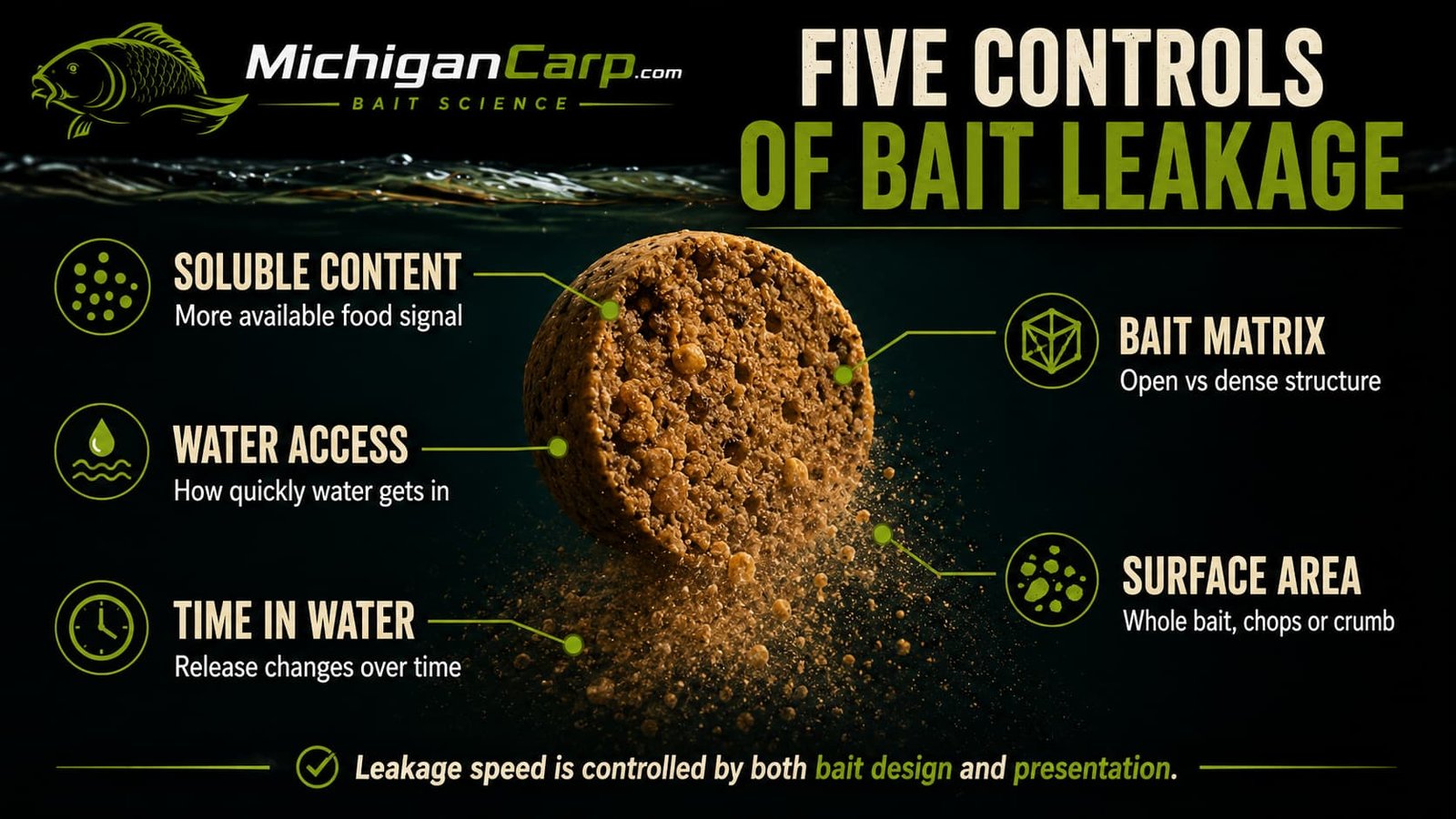 Five controls of carp bait leakage showing availability, water access, bait matrix, movement distance and time as the reasons some boilies leak faster than others.