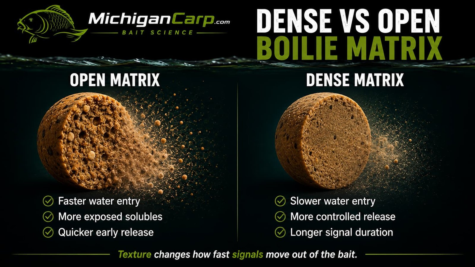 Dense versus open boilie matrix showing how water access, pore connection, cracks, drying and bait structure change carp bait leakage rate.