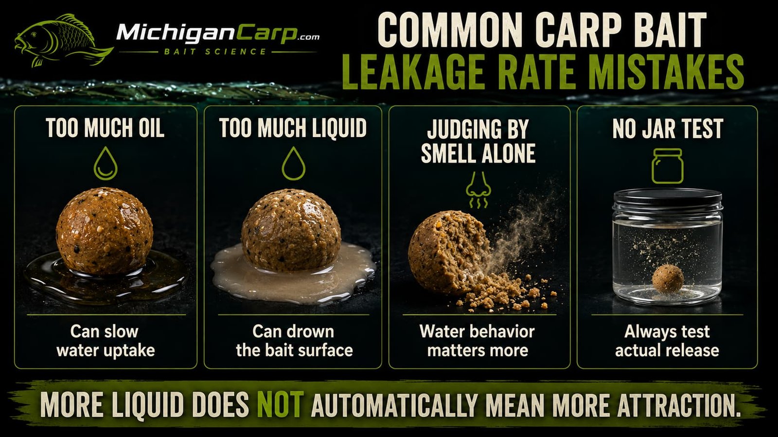 Common carp bait leakage rate mistakes showing too much oil, too much liquid, judging by smell alone and skipping jar testing before fishing