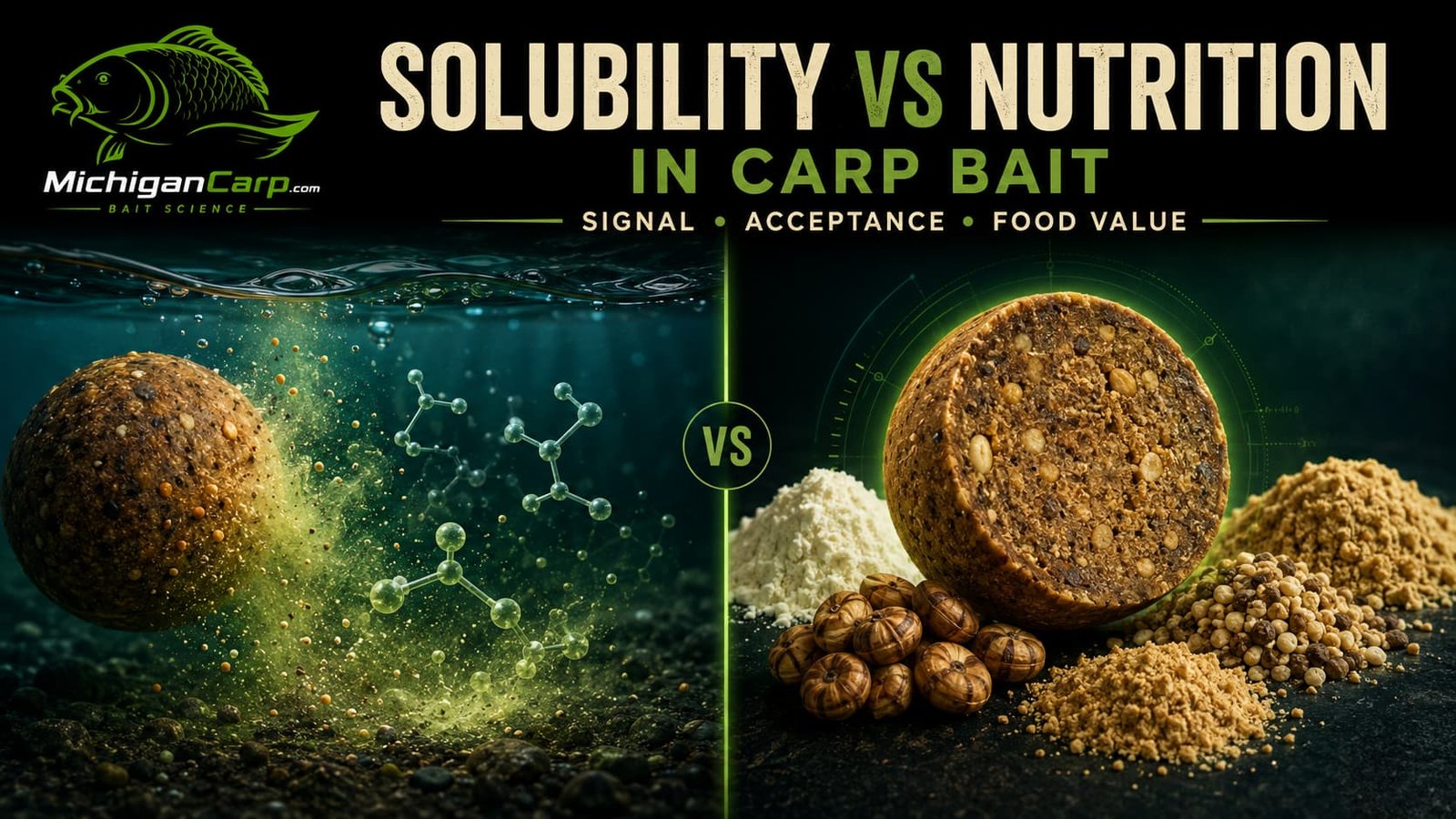 Solubility vs nutrition in carp bait showing fast soluble food signal on one side and balanced digestible bait ingredients on the other.