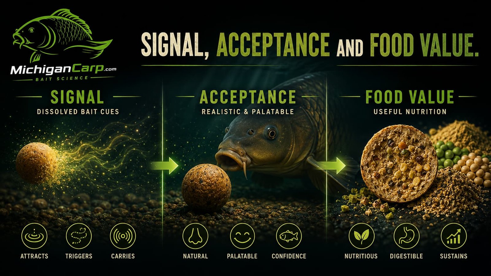 Signal, acceptance and food value in carp bait showing soluble food signal, carp sampling response and digestible nutrition after the bait is eaten.