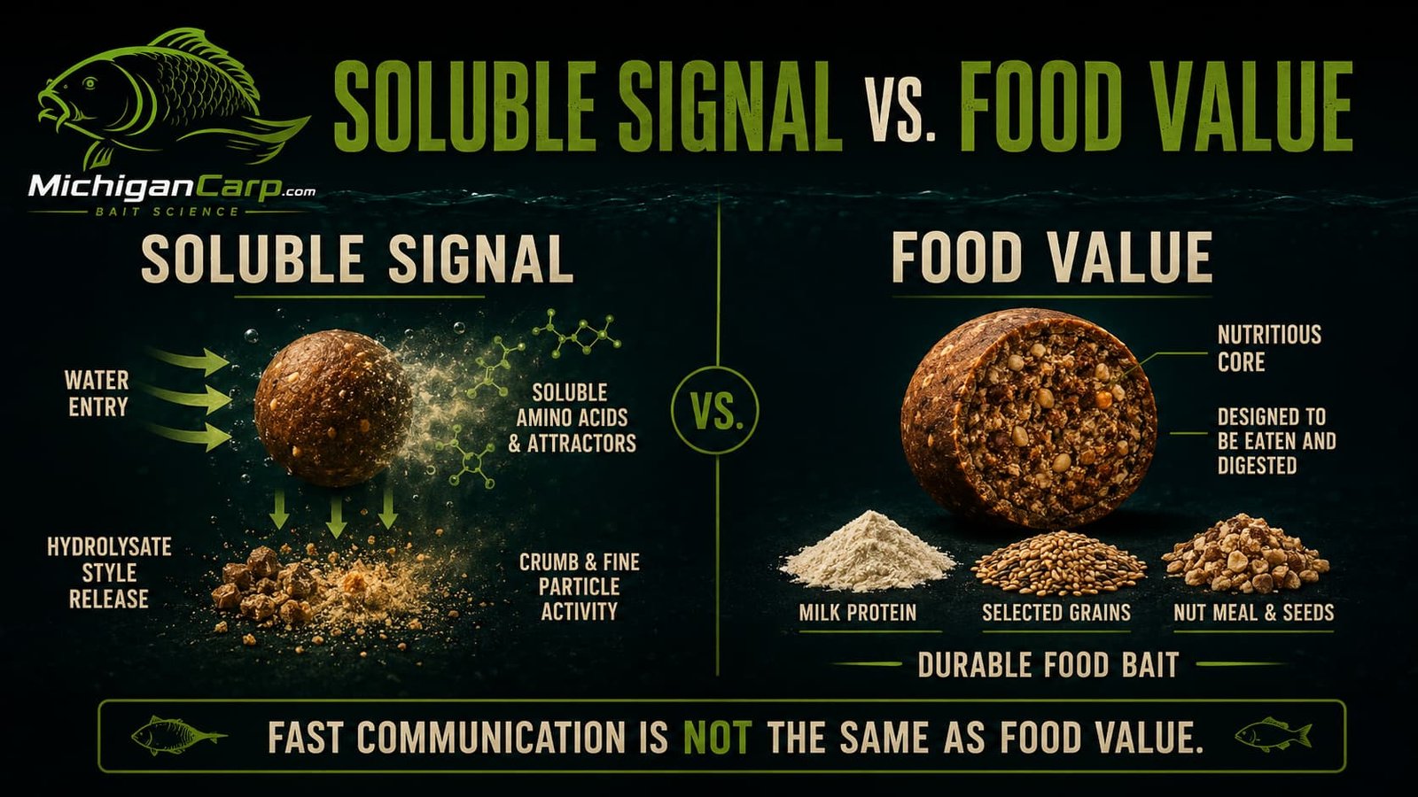  Soluble signal versus food value in carp bait showing fast water-active ingredients beside digestible milk, nut, seed, cereal and protein ingredients.