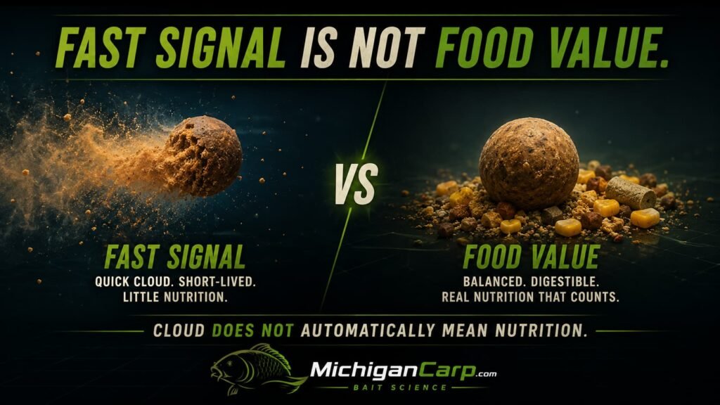  Fast signal is not the same as food value in carp bait showing a cloudy fast-release bait beside a balanced food bait with protein, energy and digestible ingredients.