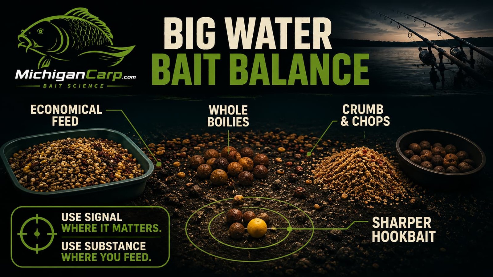 Big water carp bait balance showing economical feed bait, prepared particles, boilie crumb, whole boilies and a sharper hookbait zone.
