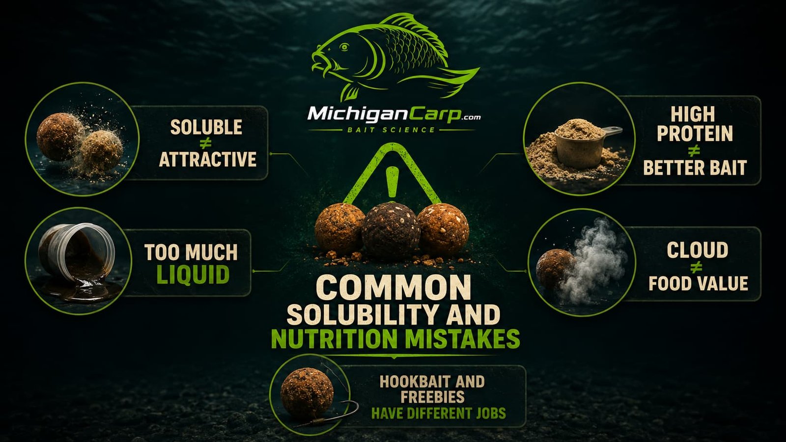 Common solubility and nutrition mistakes in carp bait including assuming soluble means attractive, chasing protein percentage, overusing liquids and confusing cloud with food value.