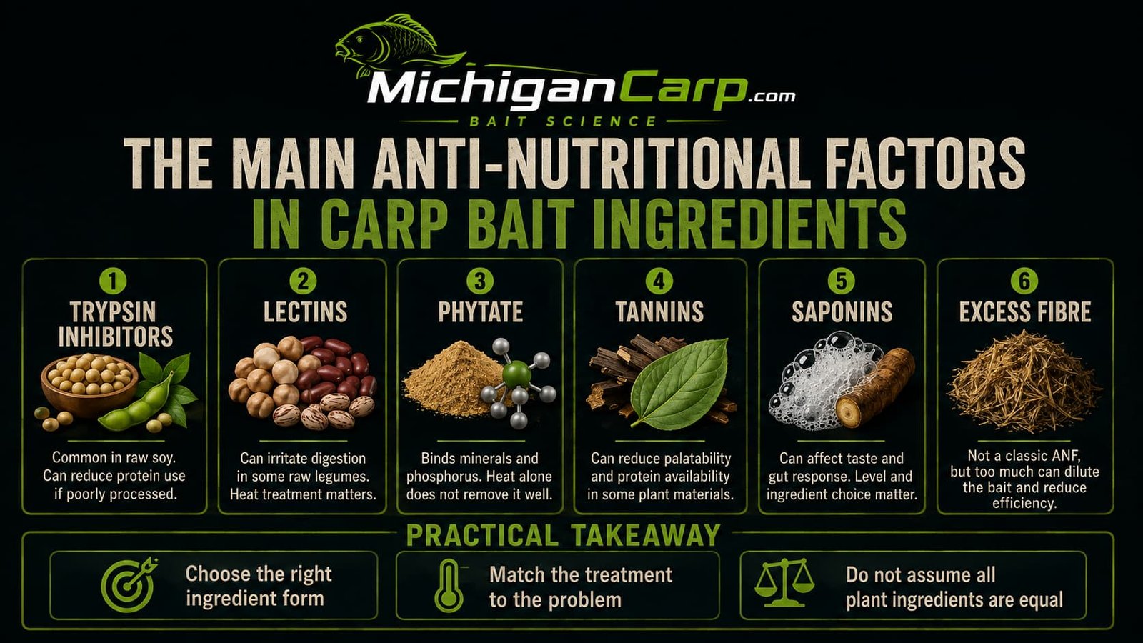 Anti nutritional factor map for carp bait ingredients showing trypsin inhibitors, lectins, phytate, tannins, saponins, glucosinolates and gossypol with practical processing notes.