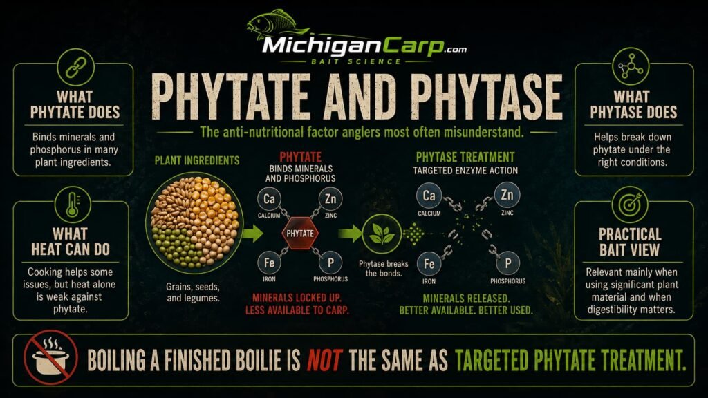 Phytate and phytase in carp bait showing grains, seeds, legumes, mineral binding, phosphorus availability and targeted enzyme treatment.