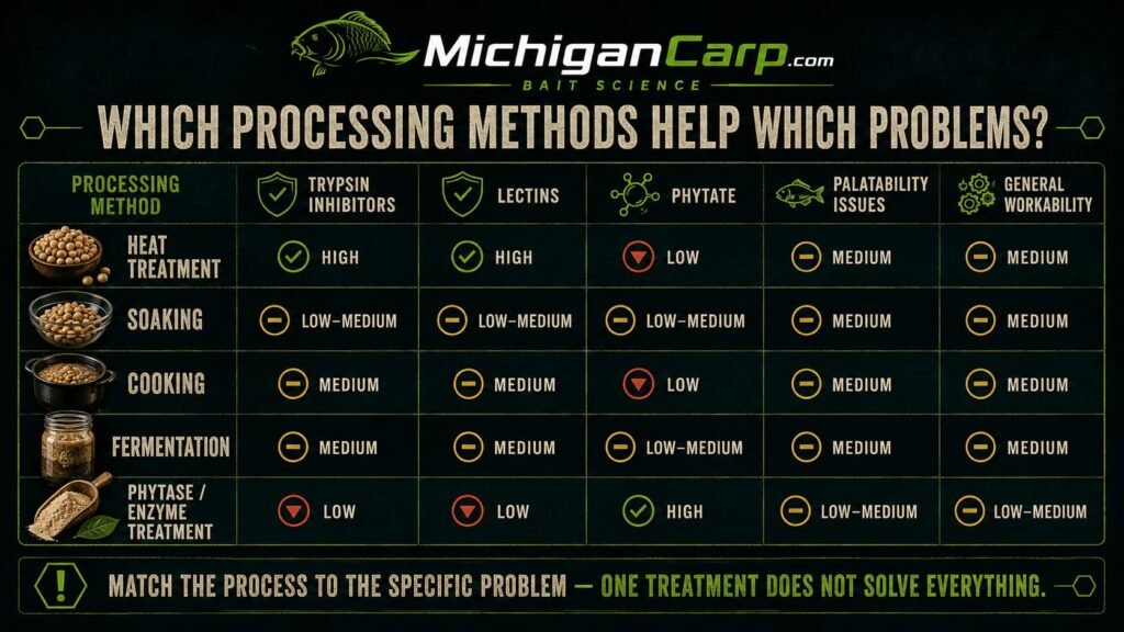 Processing methods for anti nutritional factors in carp bait showing heat treatment, soaking, cooking, fermentation, extrusion, sprouting and phytase treatment.