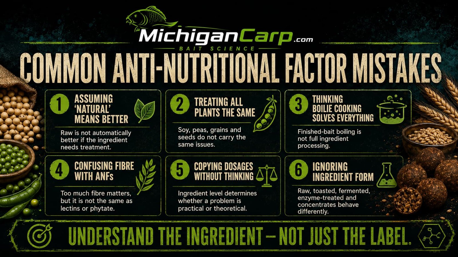 Common mistakes with anti nutritional factors in carp bait including judging by crude protein, using raw soy, assuming heat solves phytate and relying on finished boilie cooking.