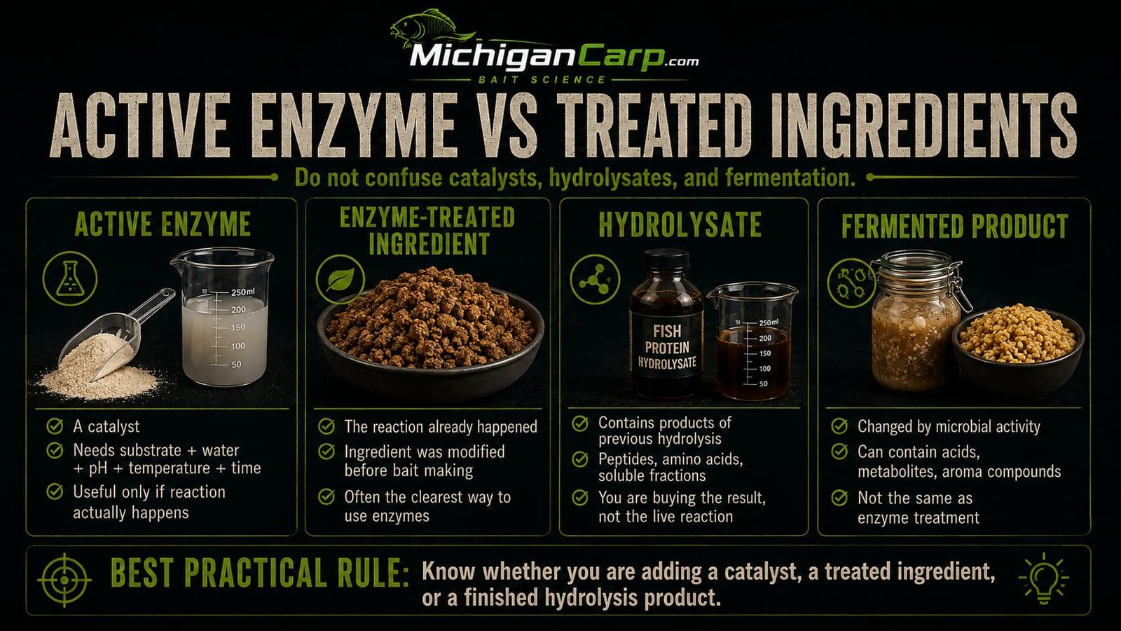 Active enzyme versus enzyme-treated ingredient, hydrolysate and fermented product in carp bait showing the difference between catalysts, treated materials and finished hydrolysis products.