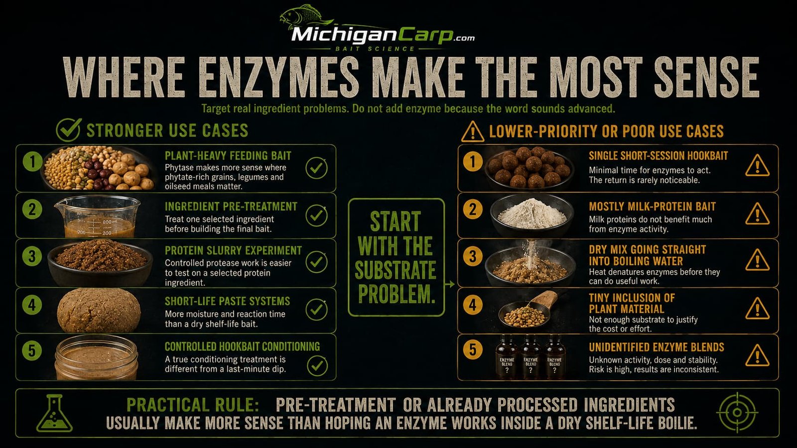 Enzyme decision guide for carp bait showing strong use cases, lower priority uses, plant-heavy bait, ingredient pre-treatment, protein slurry experiments and dry shelf-life bait limits.