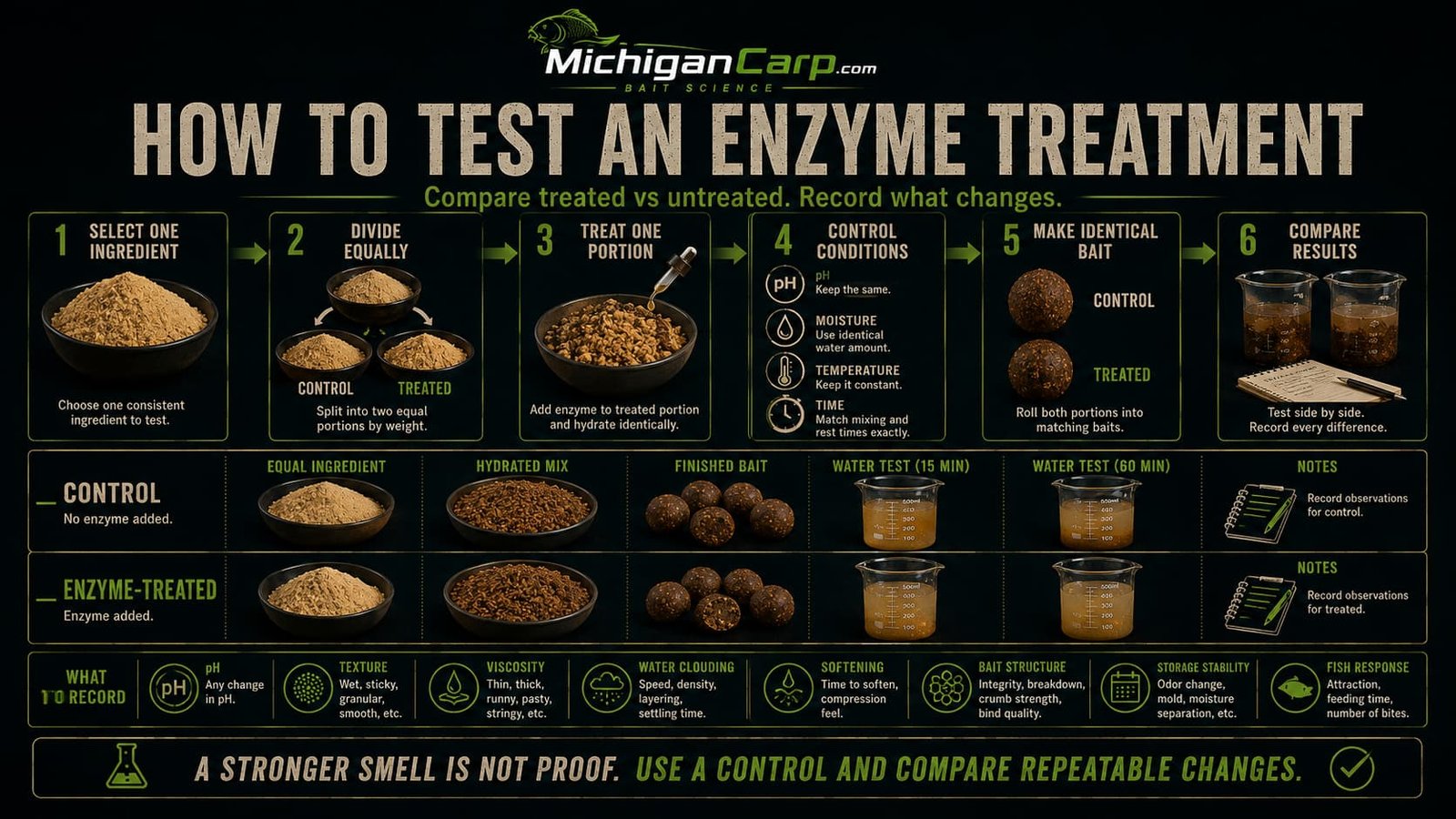 How to test an enzyme treatment in carp bait showing control and treated batches, equal ingredients, controlled moisture, pH, temperature, time and water-test comparison