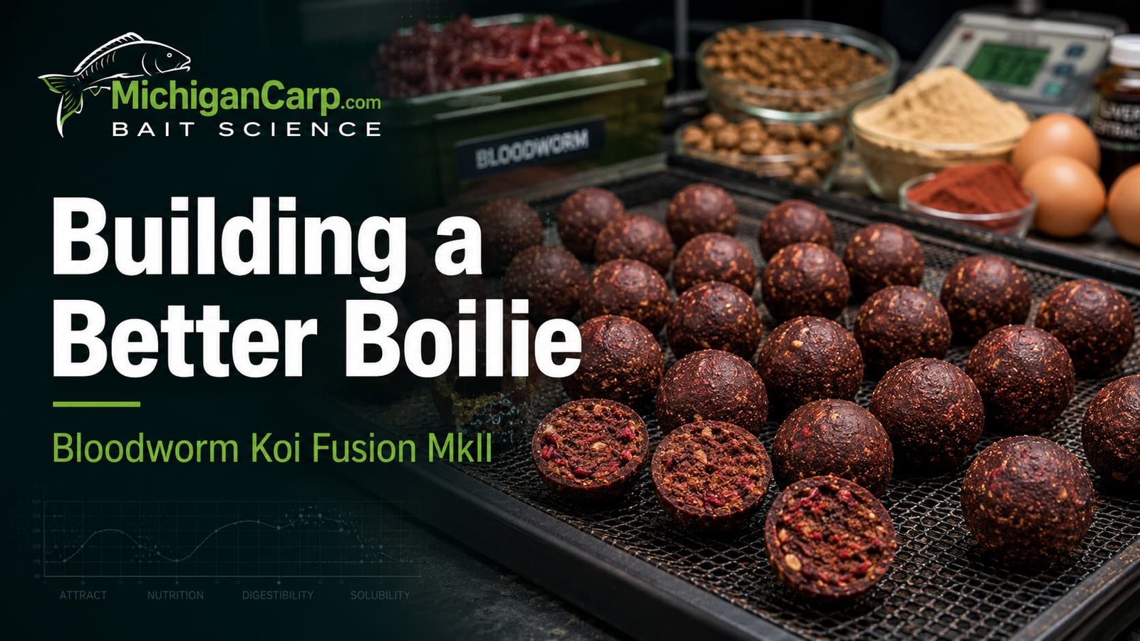 Bloodworm Koi Fusion MkII boilies drying on a bait-making tray with supporting ingredients