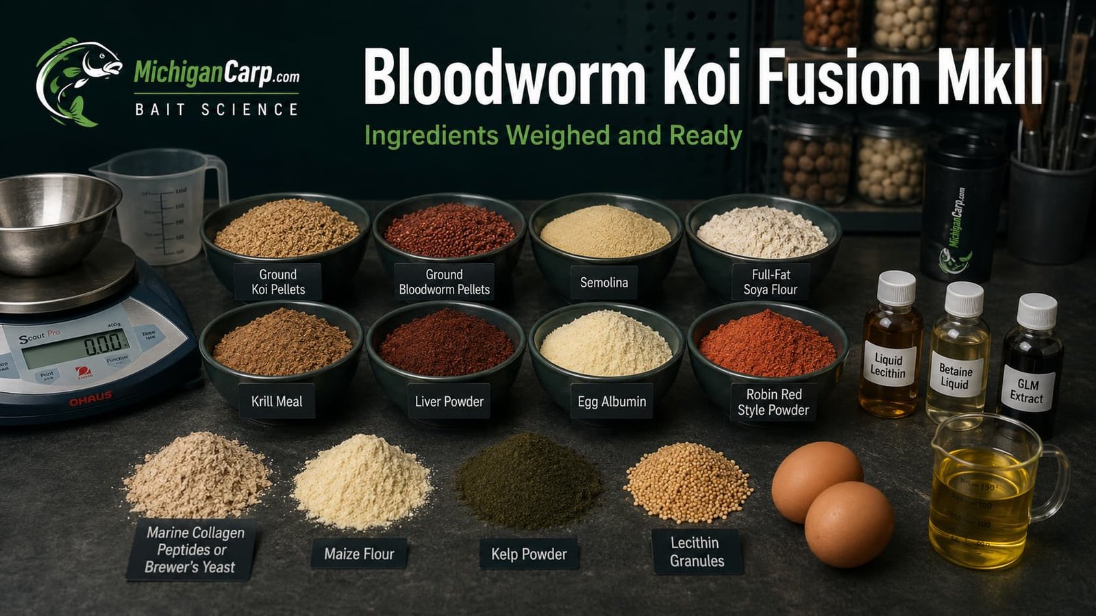 Bloodworm Koi Fusion MkII boilie ingredients weighed separately on a bait-making bench.