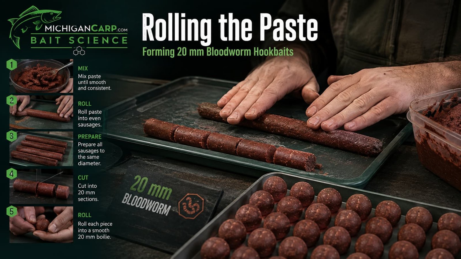 Bloodworm boilie paste being rolled into sausages and formed into 20 mm hookbaits.