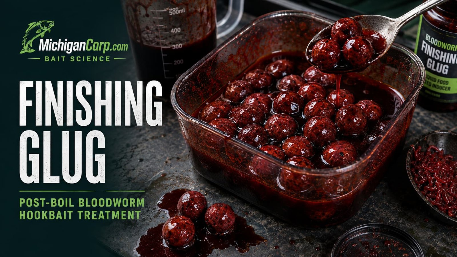 Bloodworm boilie hookbaits coated in a dark red finishing glug on a bait-making bench.