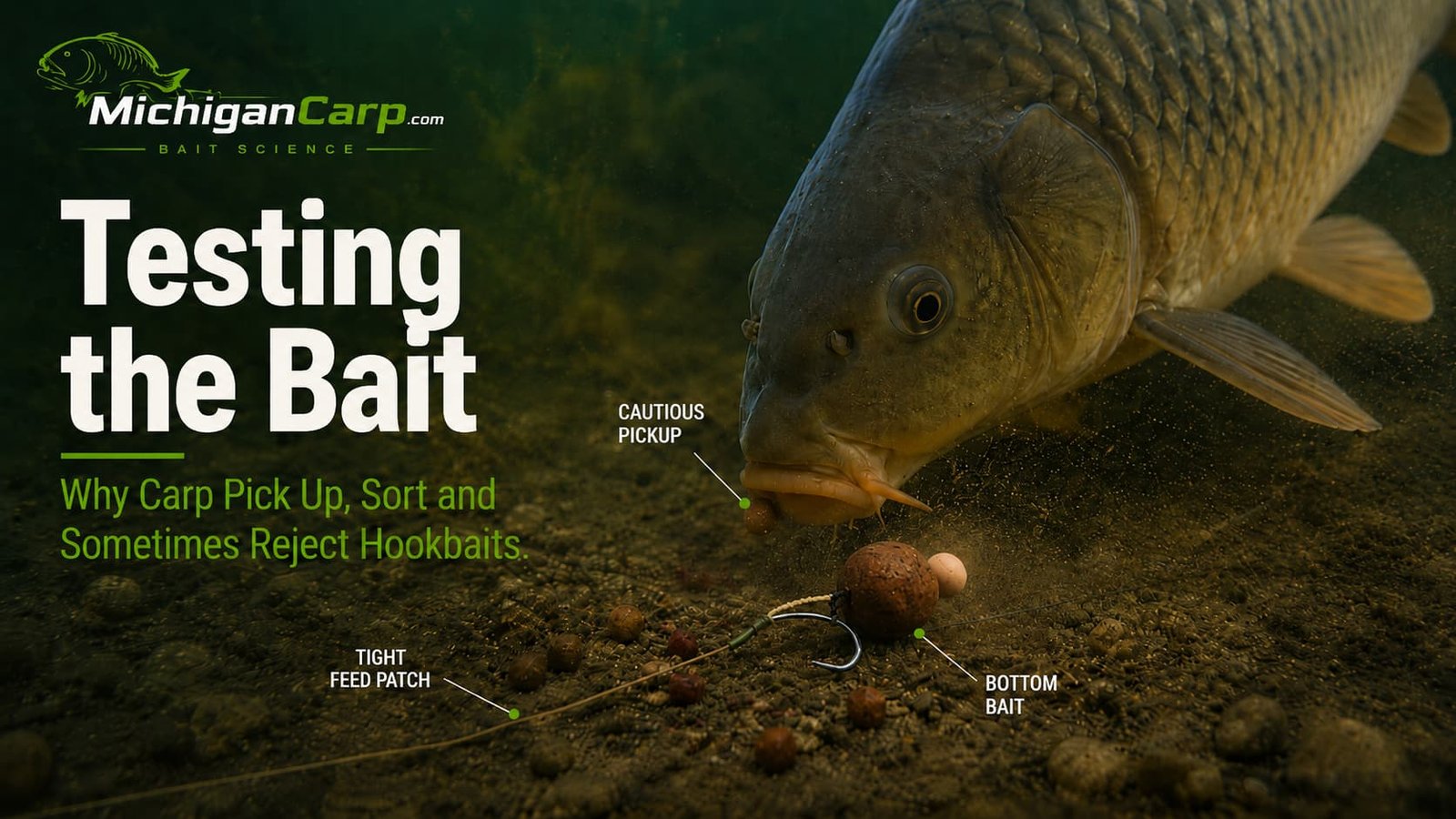 Common carp testing a bottom-bait hair rig in a tight feeding patch on the lakebed.bles.
