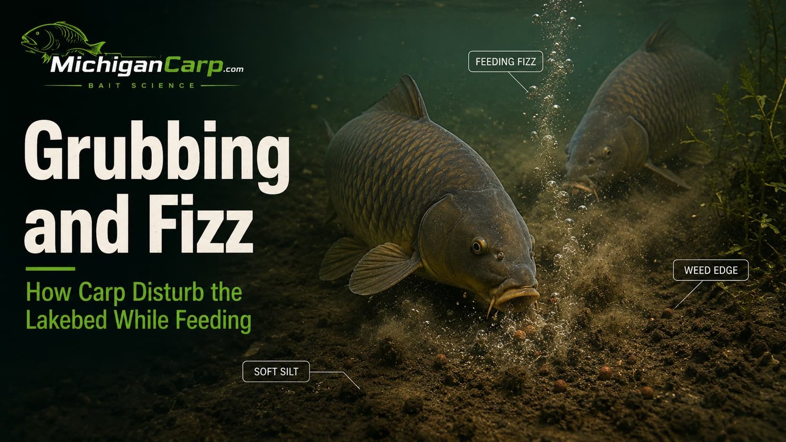 Common carp grubbing through soft silt at a weed edge, creating disturbed sediment and feeding fizz.
