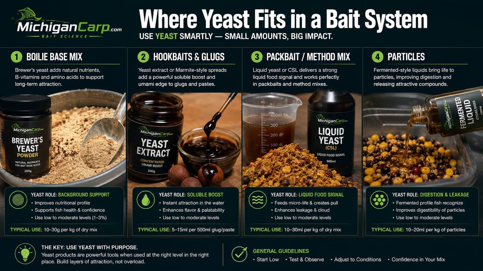 Where brewer’s yeast, yeast extract, liquid yeast and CSL fit in boilies, glugs, packbait and particles