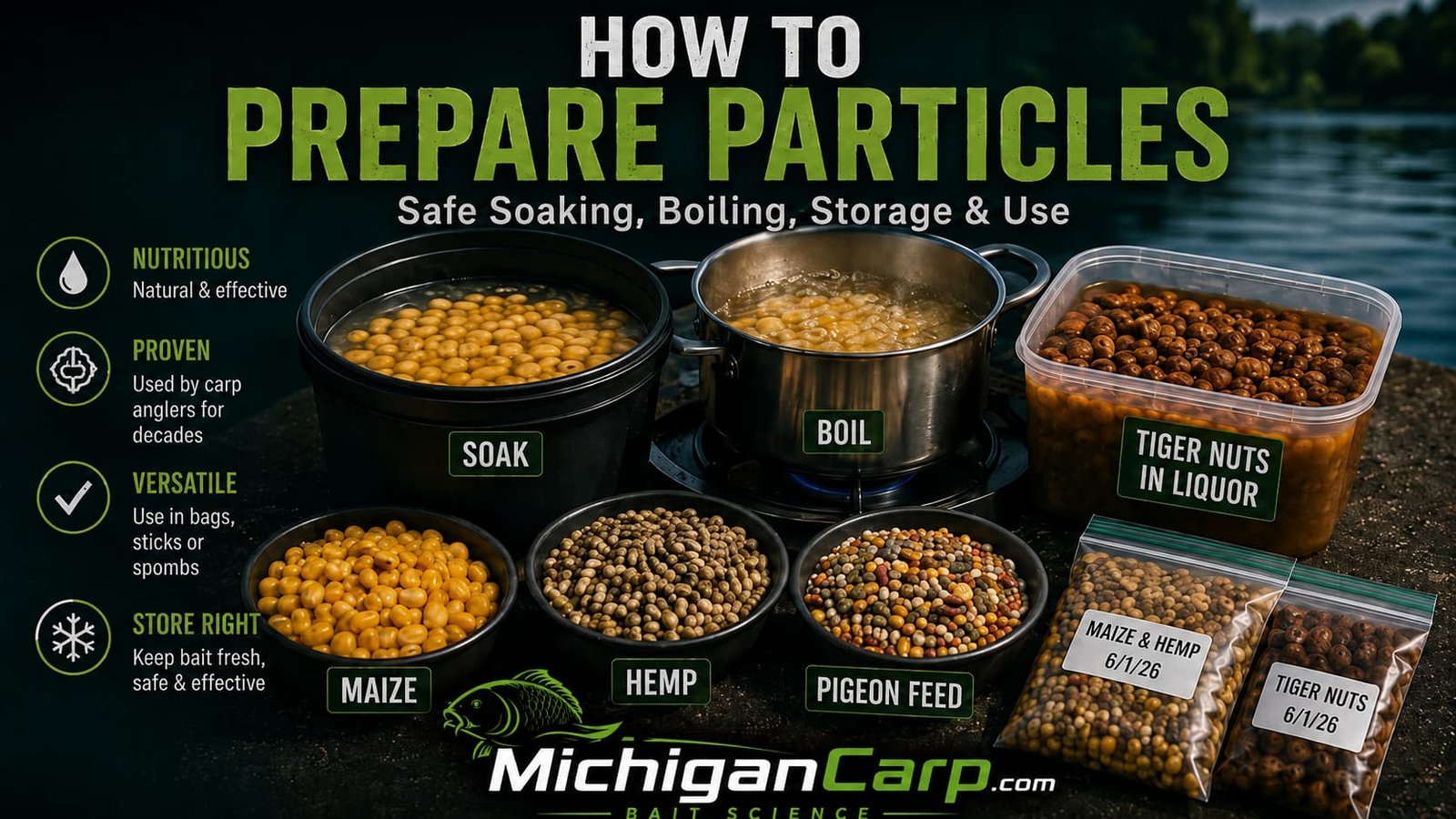 How to prepare particles for carp fishing showing maize, hemp, tiger nuts, peanuts and pigeon feed being soaked boiled rested and stored safely