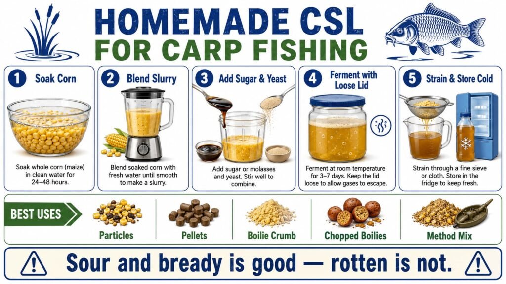 Infographic showing how to make and use homemade CSL for carp bait.