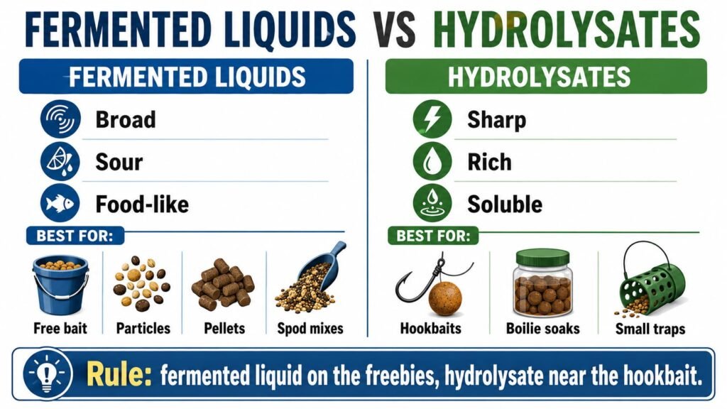 Infographic explaining when to use fermented liquids versus hydrolysates for carp fishing.