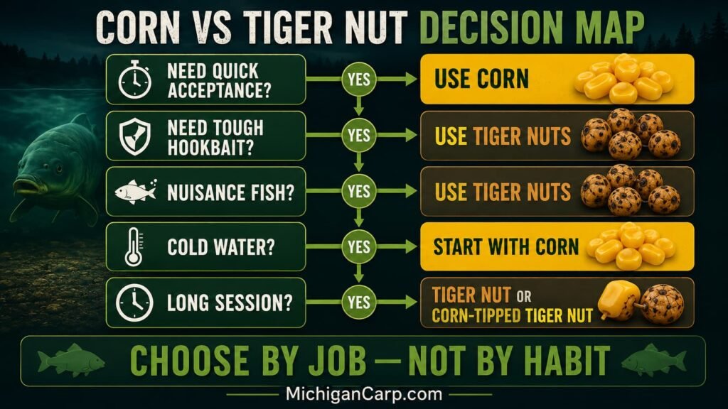 Corn vs tiger nut decision map showing when to use sweet corn and when to use tiger nuts for carp fishing
