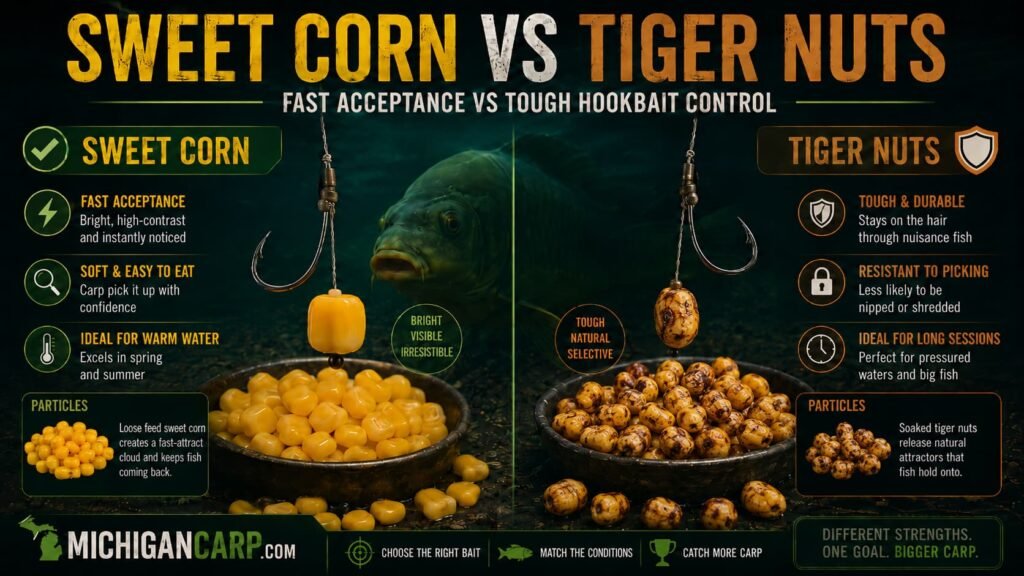Sweet corn vs tiger nuts for carp showing corn, tiger nuts, hookbaits, particles and bait choice comparison