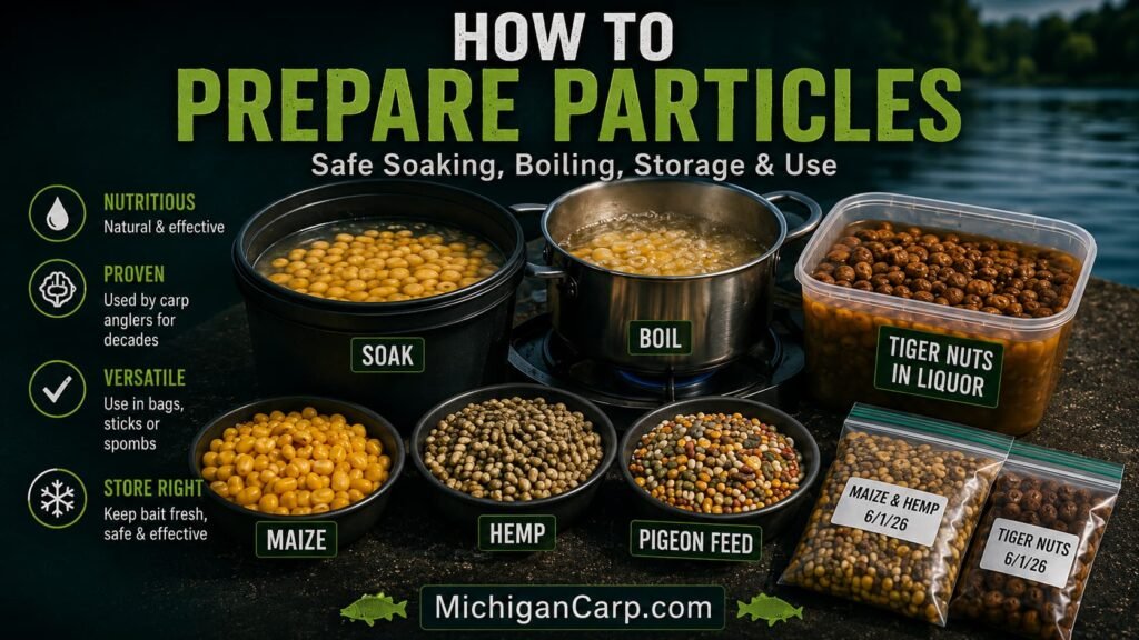 How to prepare particles for carp fishing showing maize, hemp, tiger nuts, peanuts and pigeon feed being soaked boiled rested and stored safely