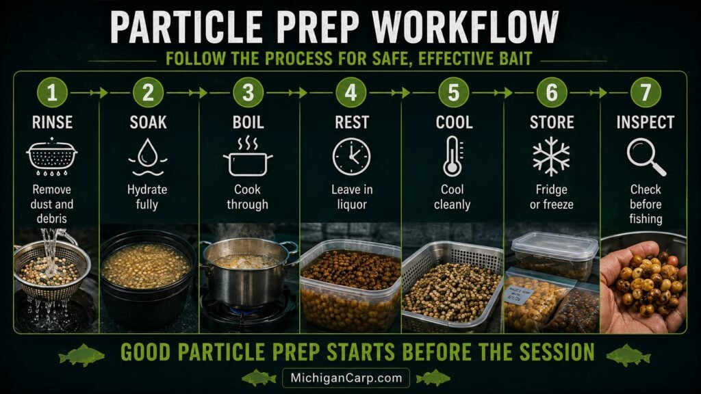 Particle prep workflow showing rinse soak boil rest cool store and inspect stages for carp fishing particles