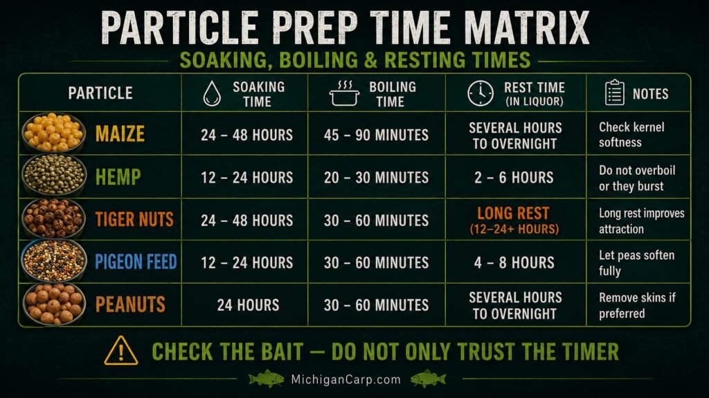 Particle prep time matrix showing soaking boiling and resting times for maize hemp tiger nuts peanuts chickpeas and pigeon feed