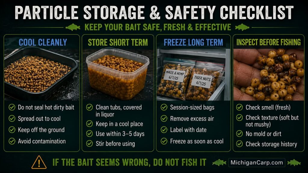 Particle storage safety checklist showing cooling prepared particles freezing session bags inspecting bait and avoiding spoiled carp bait