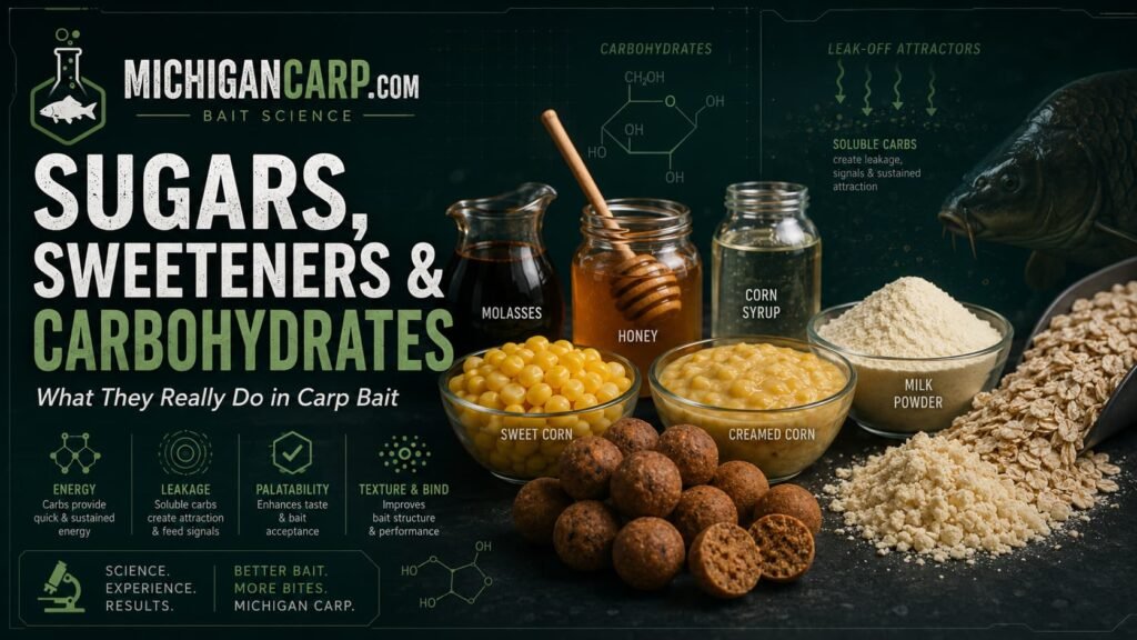 Sugars sweeteners and carbohydrates in carp bait showing molasses honey corn syrup milk powder sweet corn boilies and packbait ingredients
