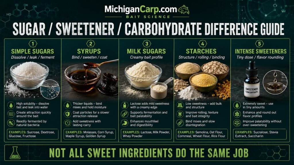 Sugar sweetener carbohydrate difference guide for carp bait showing sugars syrups starches milk sugars and intense sweeteners