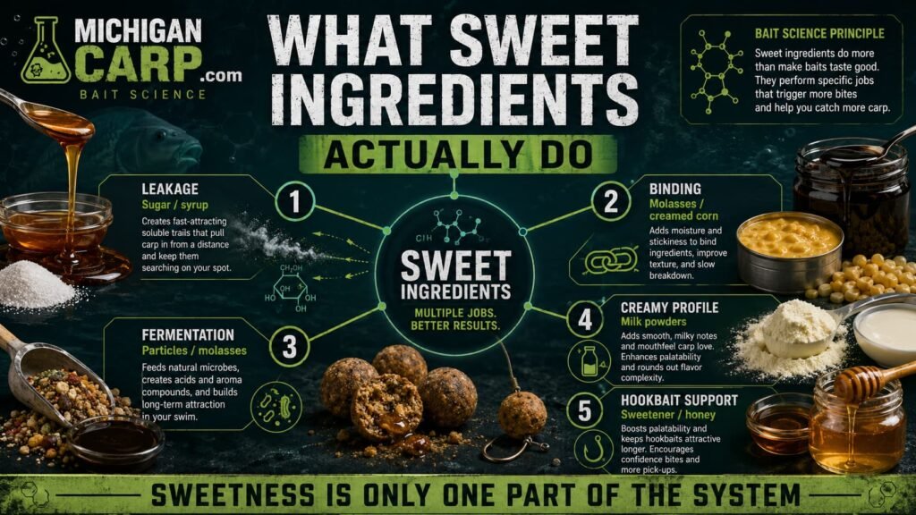Sweet ingredient bait job map showing molasses honey sweet corn milk powders and syrups for leakage binding fermentation and bait acceptance