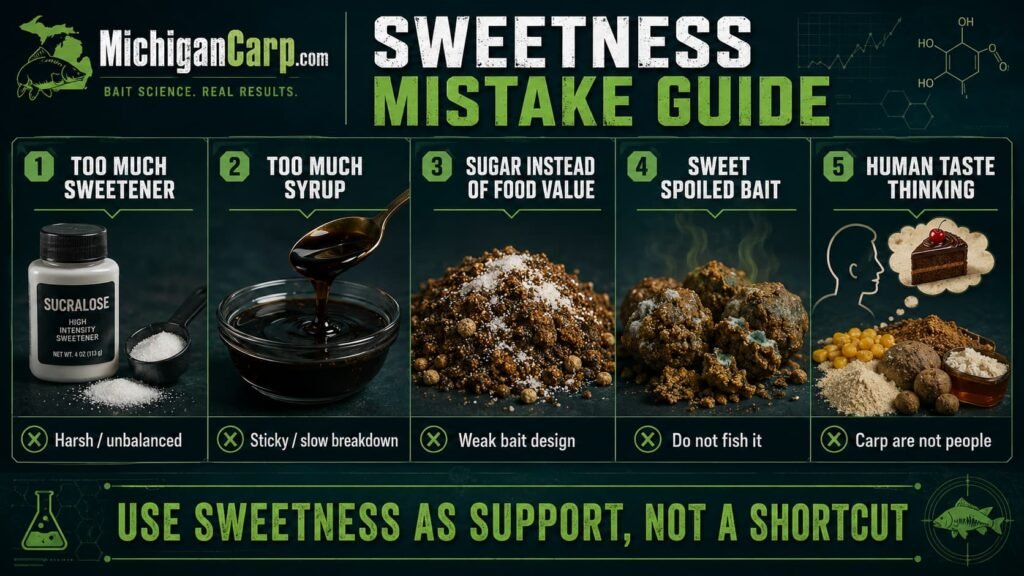 Sweetness mistakes in carp bait showing too much sweetener sticky packbait spoiled particles and poor bait balance
