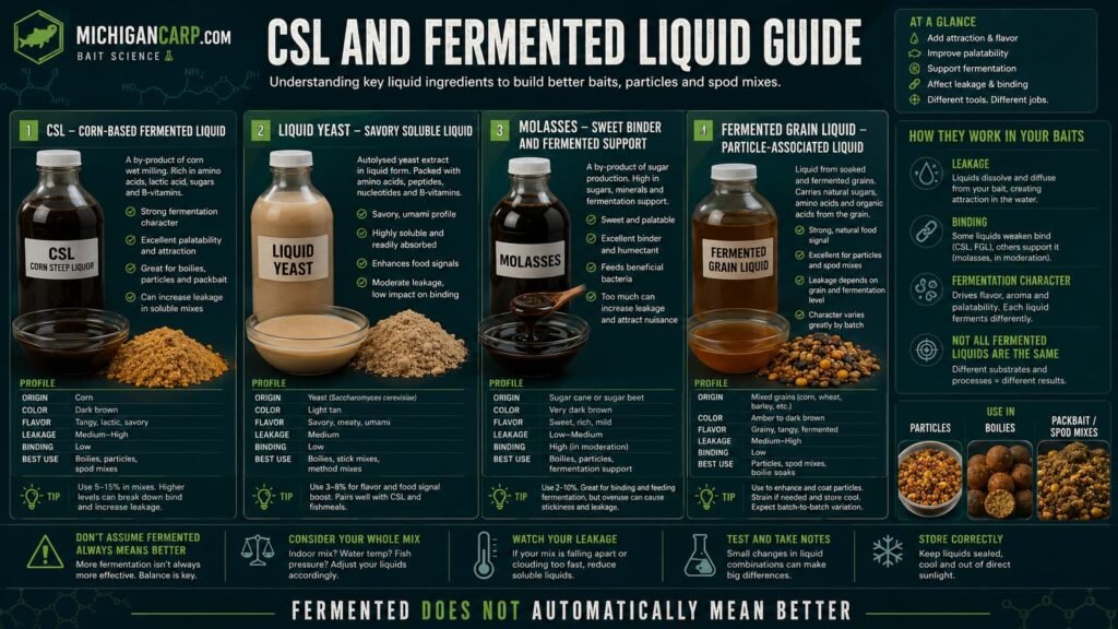 CSL and fermented liquid guide for carp bait showing corn steep liquor liquid yeast molasses fermented grain liquid particles boilies and packbait