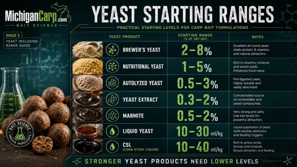 Yeast inclusion range guide for carp bait showing brewer’s yeast nutritional yeast autolyzed yeast yeast extract Marmite liquid yeast and CSL levels