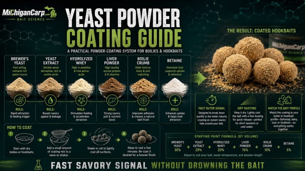 Yeast powder coating guide for carp bait showing brewer’s yeast yeast extract hydrolyzed whey liver powder boilie crumb betaine and coated hookbaits