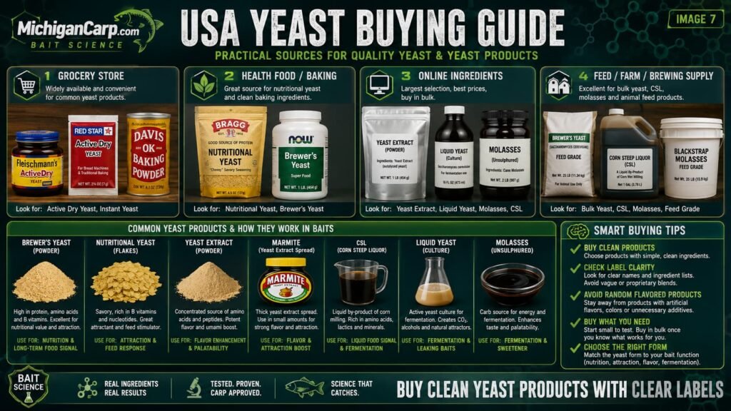 USA yeast buying guide for carp bait showing brewer’s yeast nutritional yeast yeast extract Marmite CSL liquid yeast molasses and feed store labels