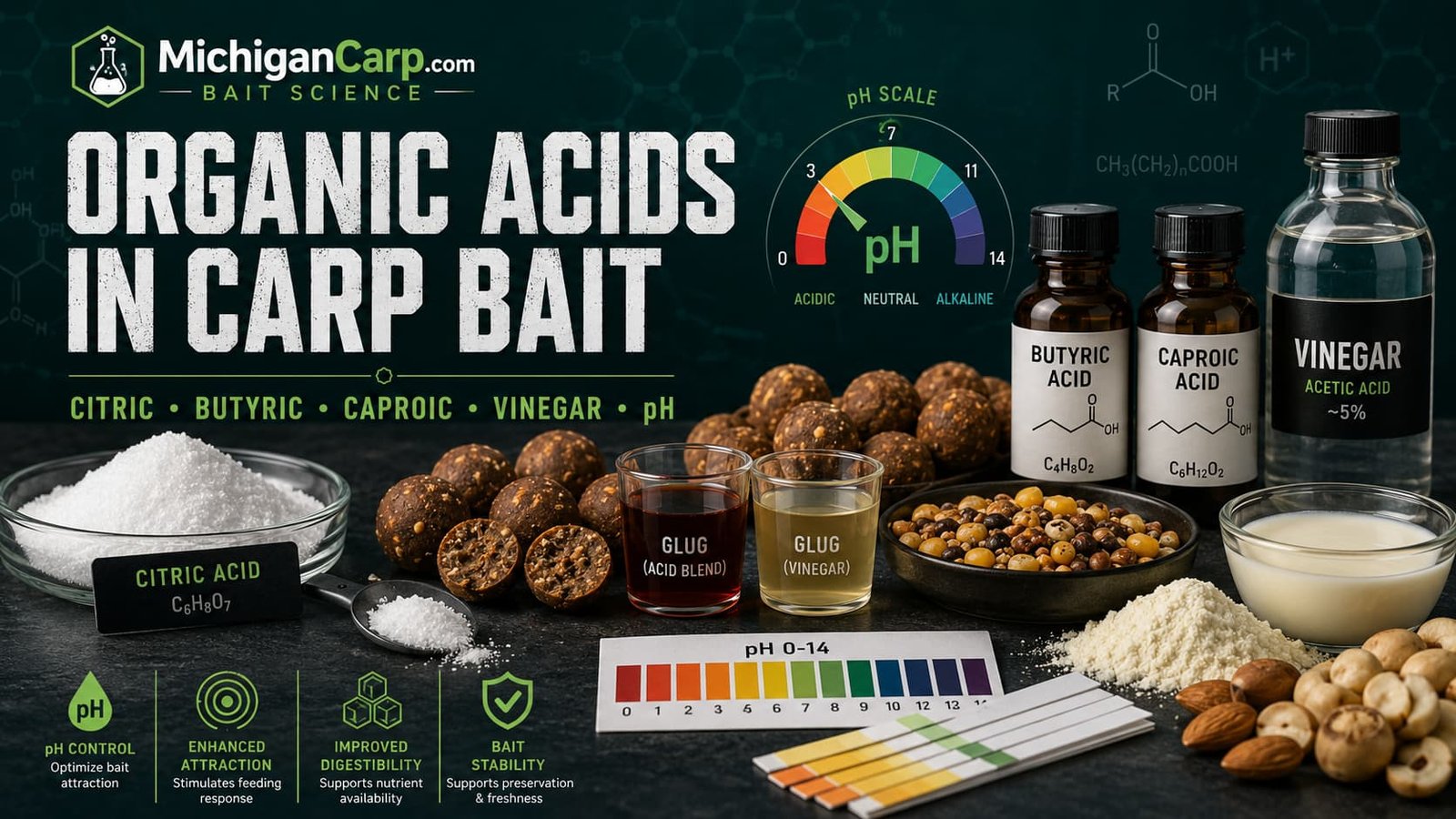 Organic acids in carp bait showing citric acid malic acid lactic acid vinegar pH testing boilies particles and milk nut ingredients