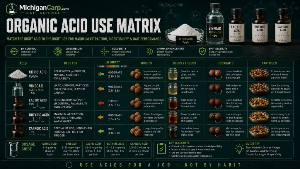 Organic acid use matrix for carp bait showing citric acid vinegar lactic acid butyric acid caproic acid pH boilies glugs hookbaits and particles