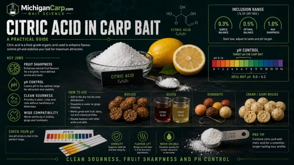Citric acid in carp bait showing powder pH strips fruit cream boilies glugs hookbaits and inclusion ranges